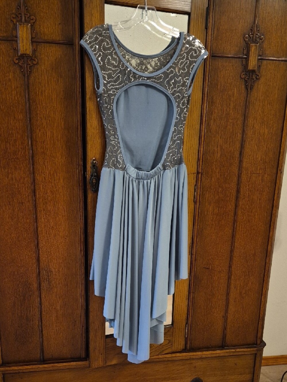 Beaded Lace Bodice High-Low Chiffon Dance or Figure Skating Dress in Dusty Blue - Picture 2 of 3